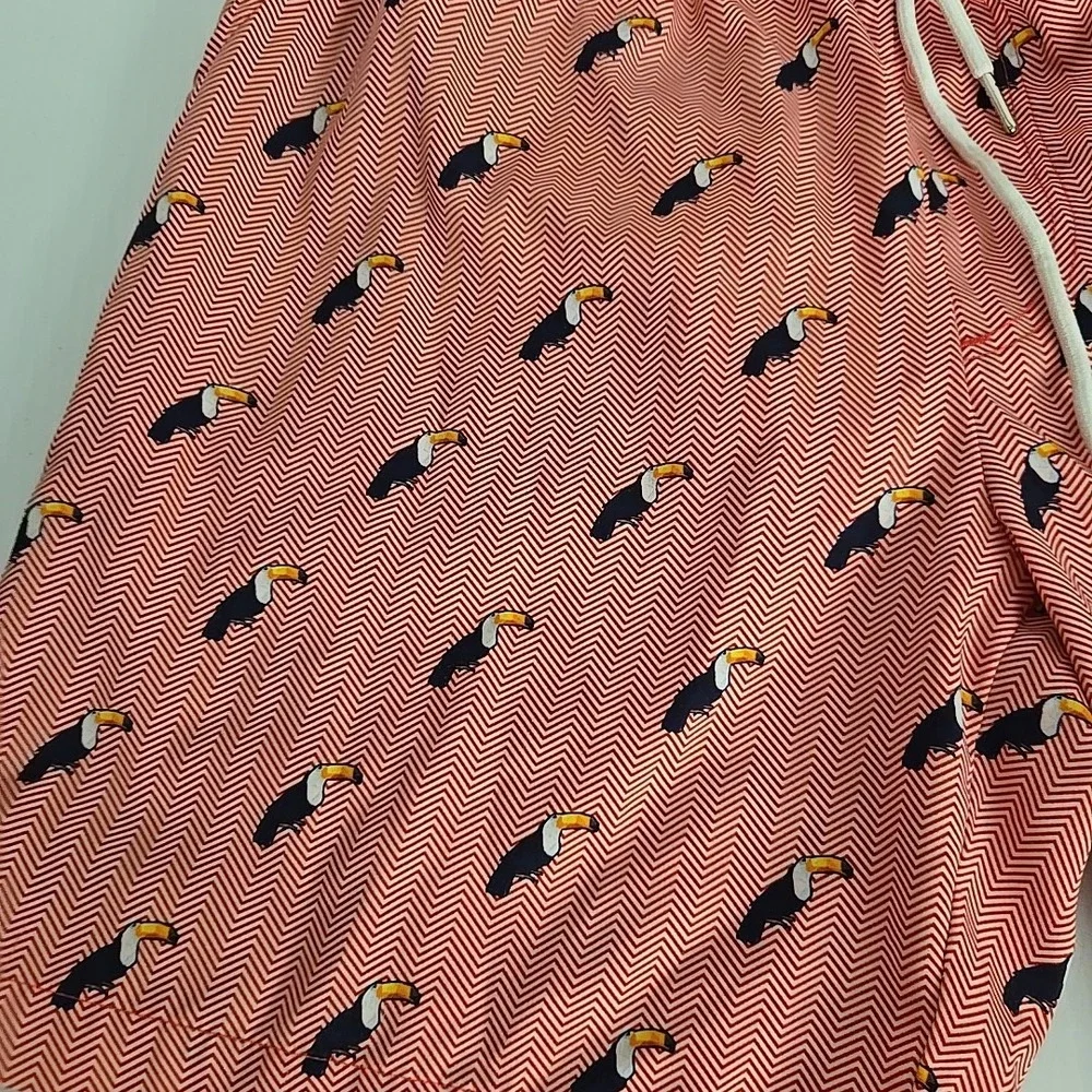 Mossman Swim Shorts Men L Red Toucans Elastic Waist Drawcord‎ Zip Fly